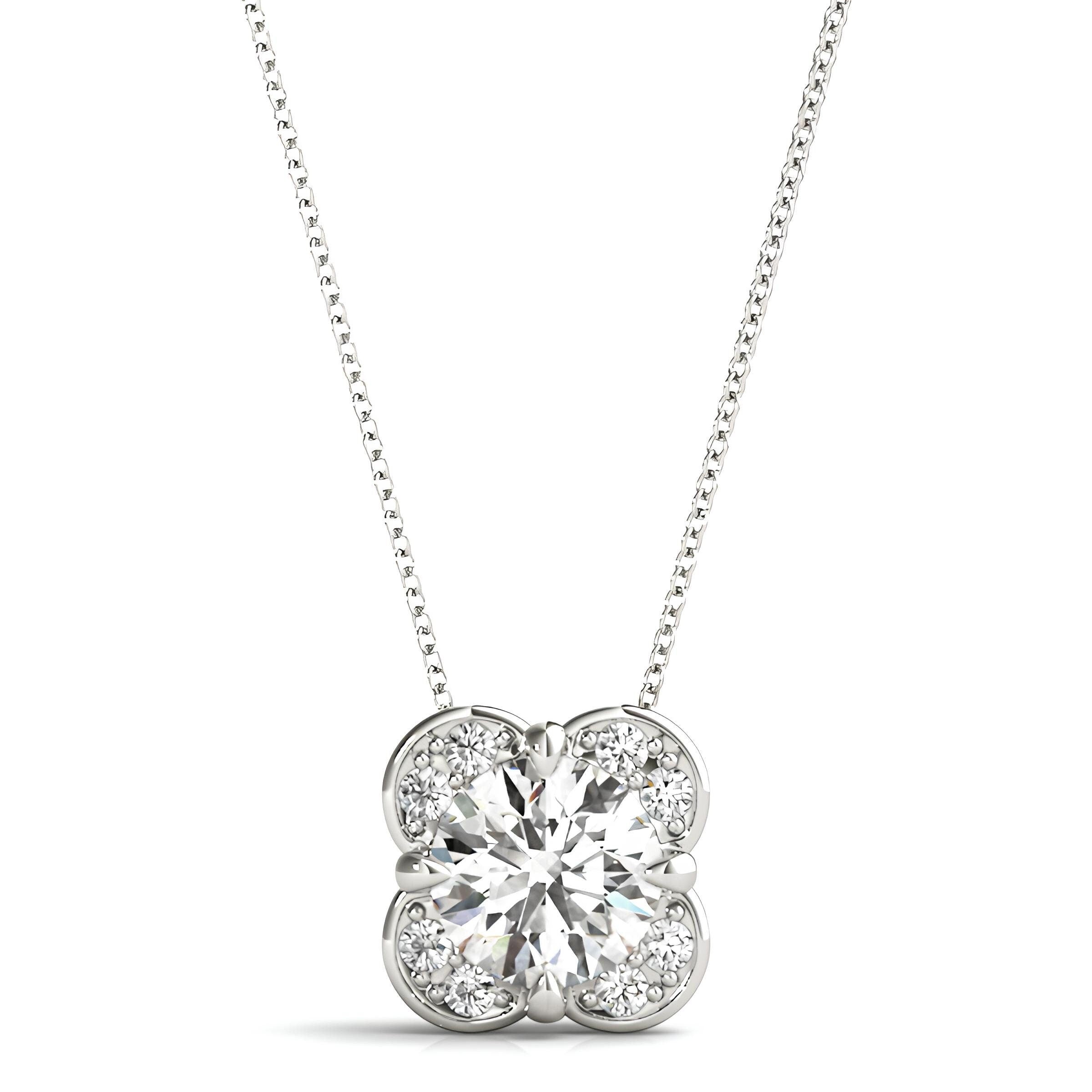 1.00 Carat EF VS/SI Lab Grown Round Diamond Floral Halo Pendant Necklace in 14K Gold IGI Certified Diamond on a Delicate Chain